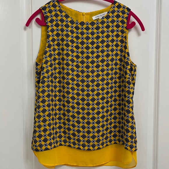Rose + Olive Sleeveless Yellow Blue Geometric Print Blouse S - Picture 1 of 11